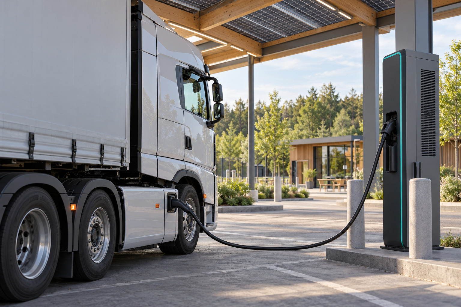 Architekturvisualisierung eines elektrischen Lkw an einem Ladepunkt unter einem Solardach