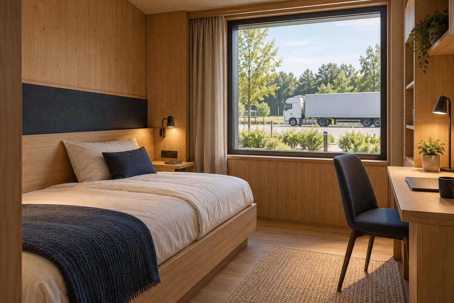 Architekturvisualisierung eines ruhigen Einzelzimmers mit Holzoberflächen und Blick ins Grüne